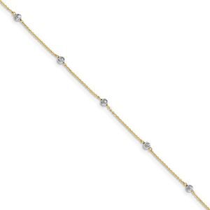 14k Two-Tone Gold Diamond-Cut Beaded Adjustable Anklet, 9-10 Inch